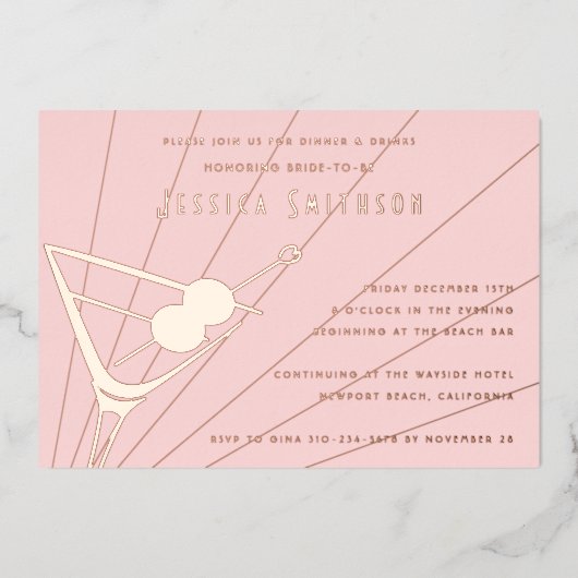 Blush Roos Gold Foil Martini Bachelorette Party Folie Uitnodiging (Voorkant)