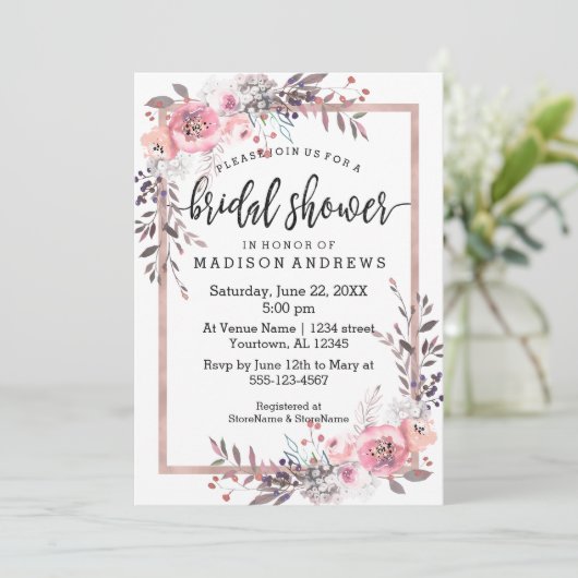 Blush & Roos Gold Framed Bridal Shower Invitation Kaart (Staand voorkant)