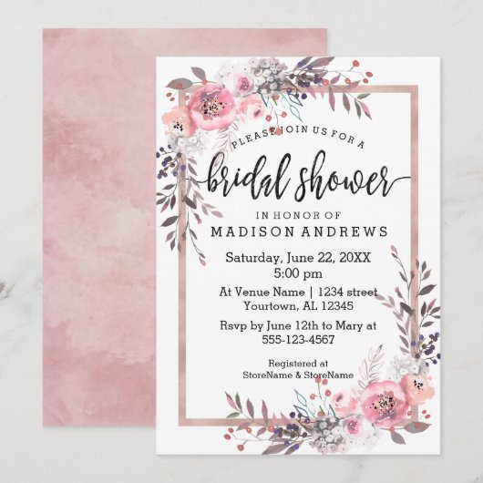 Blush & Roos Gold Framed Bridal Shower Invitation Kaart (Voorkant / Achterkant)