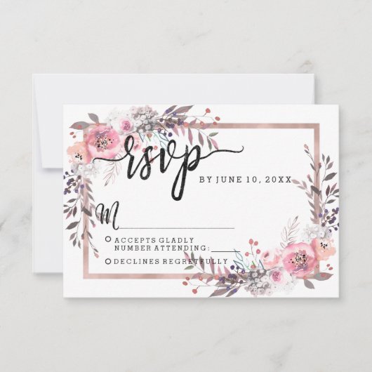 Blush & Roos Gold Framed Wedding RSVP Reactie (Voorkant)