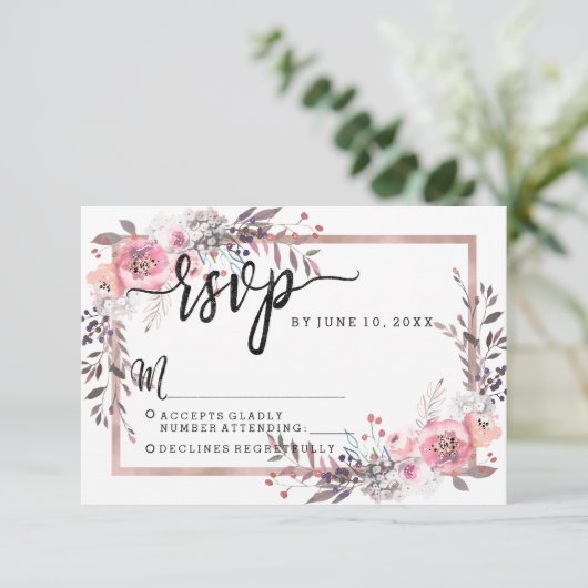 Blush & Roos Gold Framed Wedding RSVP Reactie (Staand voorkant)