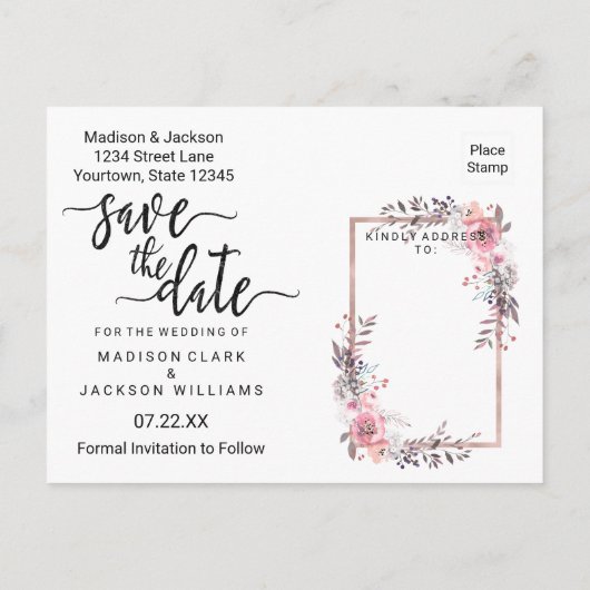 Blush & Roos Gold Framed Wedding Save the Date Aankondigingskaart (Achterkant)