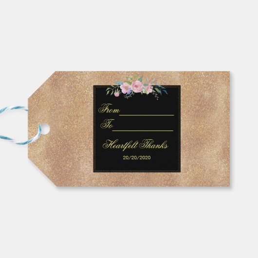 Blush Roos Gold Glitter Floral Weddenschap Cadeaulabel (Achterkant Horizontaal)