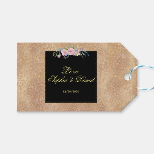 Blush Roos Gold Glitter Floral Weddenschap Cadeaulabel (Voorkant (Horizontaal))