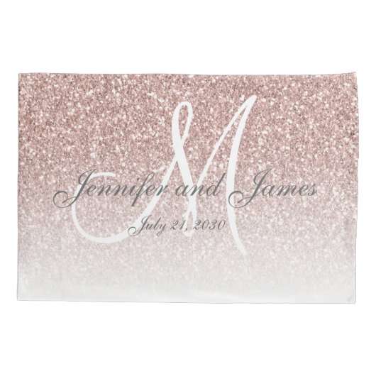 Blush Roos Gold Glitter Monogram Pas getrouwd Wedd Kussensloop (Achterkant)