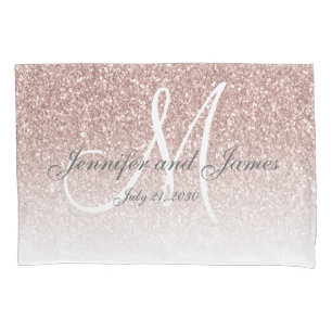 Blush Roos Gold Glitter Monogram Pas getrouwd Wedd Kussensloop