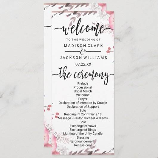 Blush & Roos Gold ingelijst Floral bruiloft progra Programmakaart (Voorkant / Achterkant)