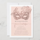 Blush & Roos Gold Masquerade Quinceañera Verjaarda Kaart (Voorkant)