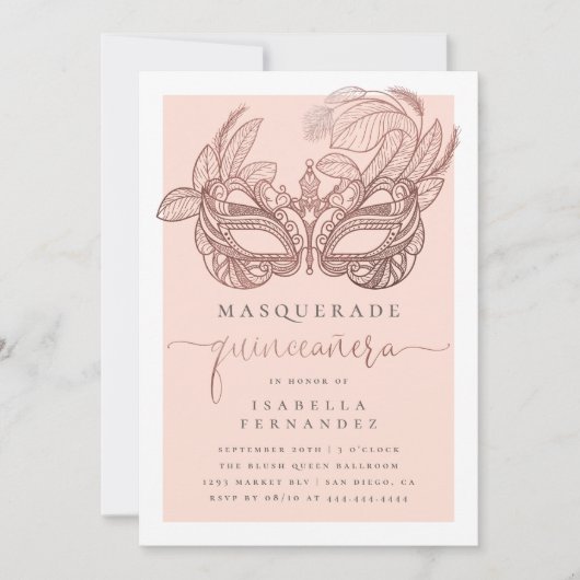 Blush & Roos Gold Masquerade Quinceañera Verjaarda Kaart (Voorkant)