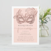 Blush & Roos Gold Masquerade Quinceañera Verjaarda Kaart (Staand voorkant)