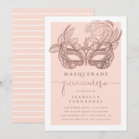Blush & Roos Gold Masquerade Quinceañera Verjaarda Kaart (Voorkant / Achterkant)