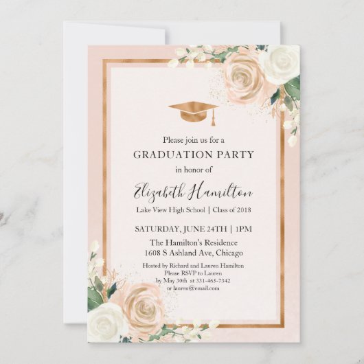 Blush & Roos Gold Modern Floral Graduation Party Kaart (Voorkant)