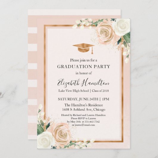 Blush & Roos Gold Modern Floral Graduation Party Kaart (Voorkant / Achterkant)