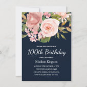 Blush & Roos Gold Navy 100th Birthday Party Invite Kaart (Voorkant)