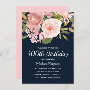 Blush & Roos Gold Navy 100th Birthday Party Invite Kaart