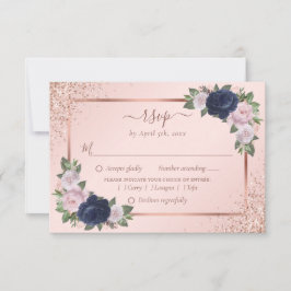 Blush Roos Gold Navy Blue Floral Wedding Meal RSVP Kaartje