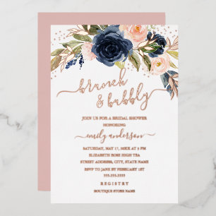 Blush Roos Gold Navy Brunch en brabbel Bridal Folie Uitnodiging