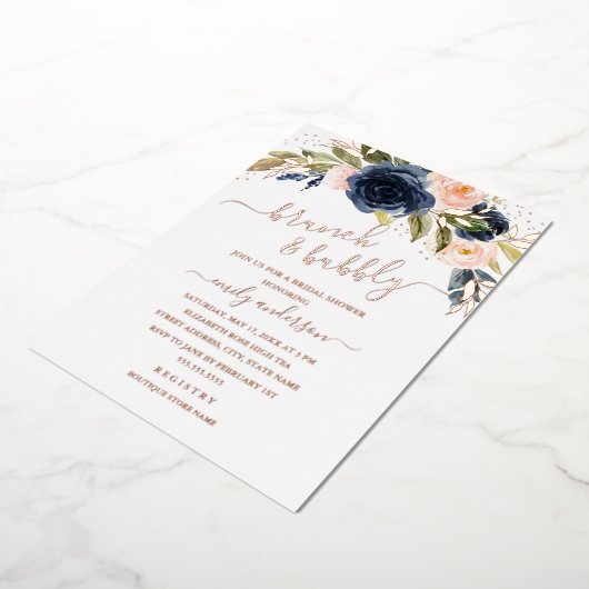 Blush Roos Gold Navy Brunch en brabbel Bridal Folie Uitnodiging (Gedraaid)