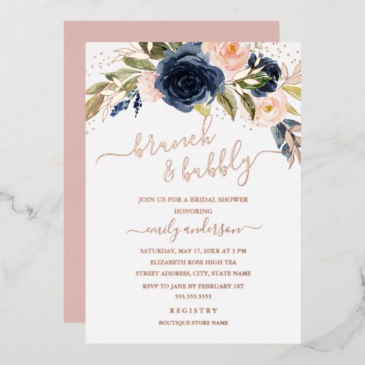 Blush Roos Gold Navy Brunch en brabbel Bridal Folie Uitnodiging (Voorkant / Achterkant)