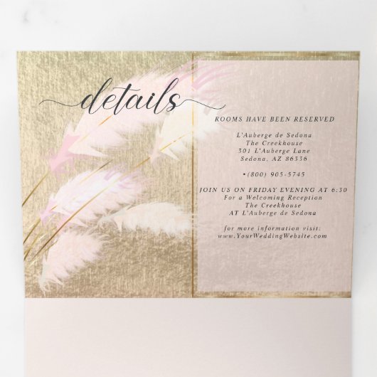 Blush Roos Gold Pampas Grass Drieluik Uitnodiging (Binnenzijde eerst)