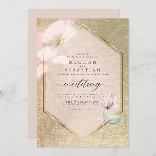 Blush Roos Gold Pampas Grass Floral Invitation Kaart (Voorkant / Achterkant)