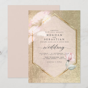 Blush Roos Gold Pampas Grass Floral Invitation Kaart