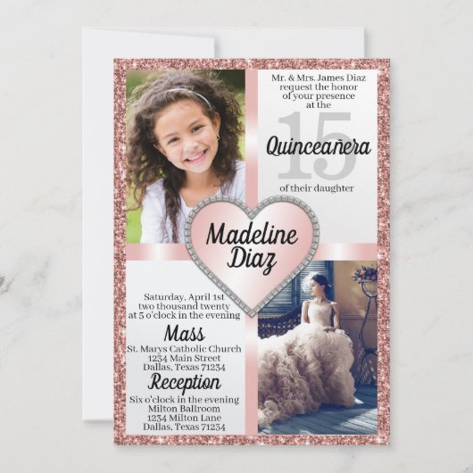 Blush Roos Gold Quinceañera Uitnodiging Cumpleaños (Voorkant)