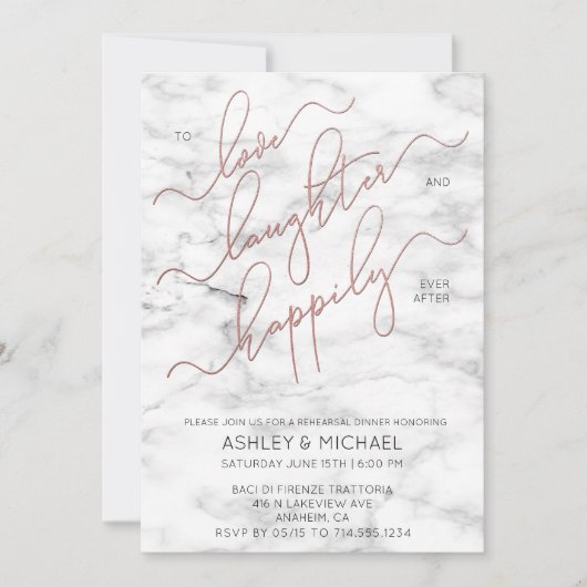 Blush Roos Gold Script Marmeren Repetitie Uitnodig Kaart (Voorkant)