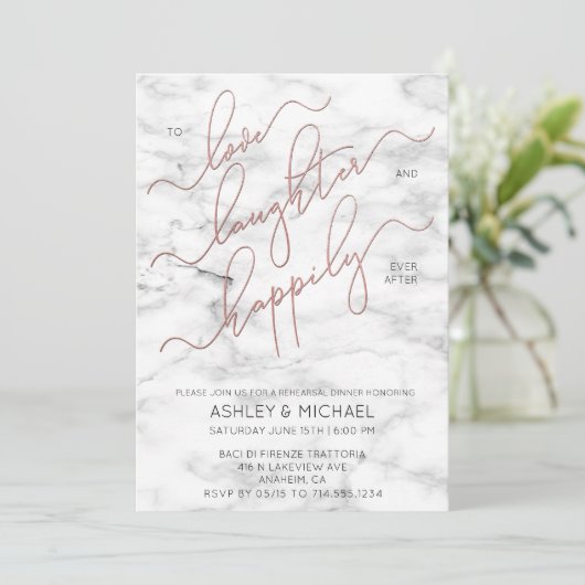 Blush Roos Gold Script Marmeren Repetitie Uitnodig Kaart (Staand voorkant)