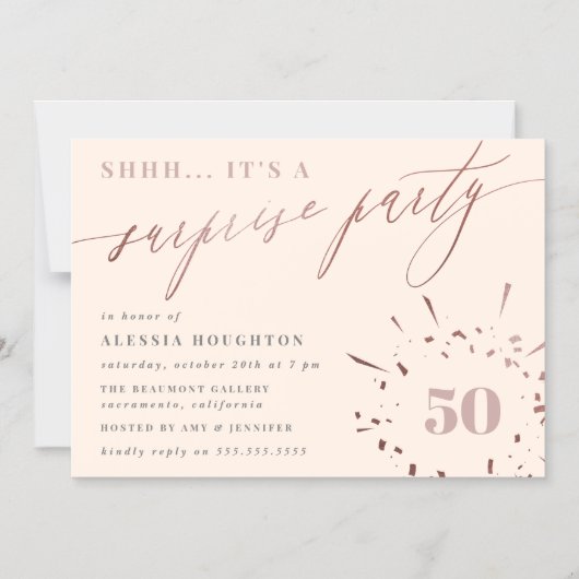 Blush & Roos Gold Script Surprise Party Magnetische Uitnodiging (Voorkant)