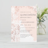 Blush Roos Gold Splatter Brushstroke Quinceañera Kaart (Staand voorkant)
