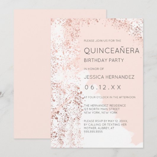 Blush Roos Gold Splatter Brushstroke Quinceañera Kaart (Voorkant / Achterkant)
