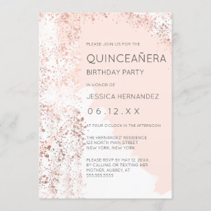 Blush Roos Gold Splatter Brushstroke Quinceañera Kaart