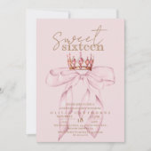Blush Roos & Gold Sweet 16 Bow Crown Verjaardag Kaart (Voorkant)