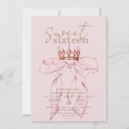 Blush Roos & Gold Sweet 16 Bow Crown Verjaardag Kaart (Voorkant)
