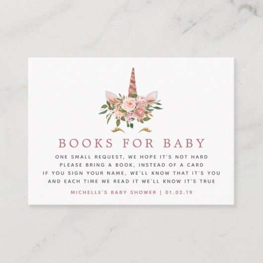 Blush & Roos Gold Unicorn Baby shower Book Request Informatiekaartje (Voorkant)