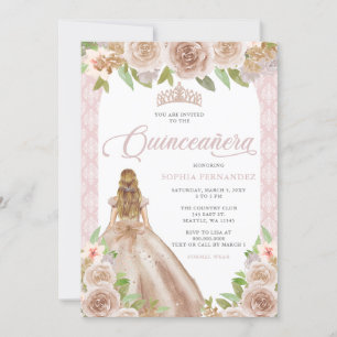 Blush Roos Goud Bloemen Prinses Tiara Quinceañera Kaart
