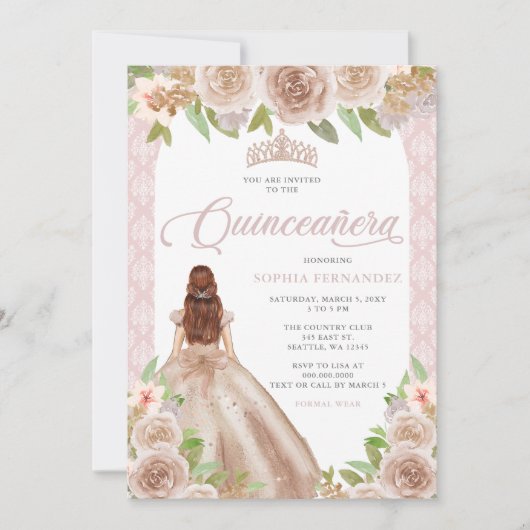Blush Roos Goud Bloemen Prinses Tiara Quinceañera Kaart (Voorkant)