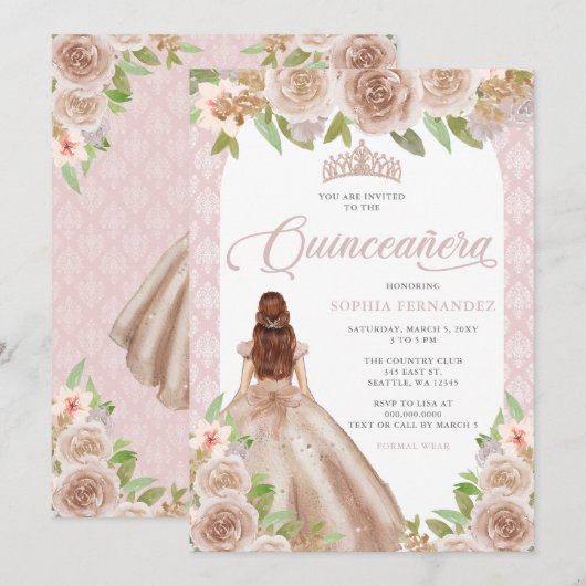 Blush Roos Goud Bloemen Prinses Tiara Quinceañera Kaart (Voorkant / Achterkant)