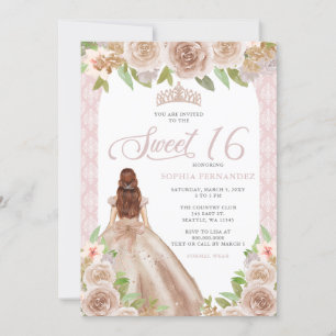 Blush Roos Goud Bloemen Prinses Tiara Sweet 16 Kaart