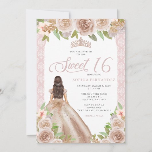Blush Roos Goud Bloemen Prinses Tiara Sweet 16 Kaart (Voorkant)