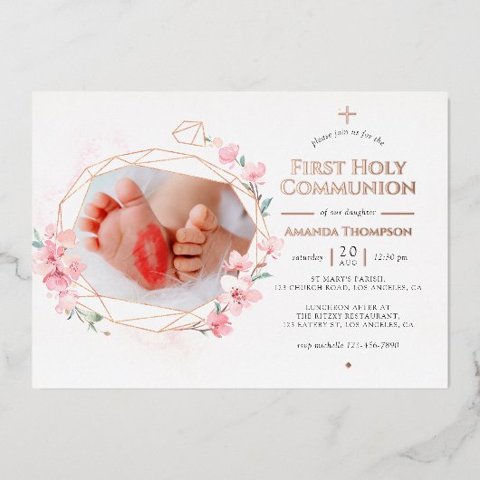 Blush & Roos Goud Geometrische Bloemen Heilige Com Folie Uitnodiging (Voorkant)