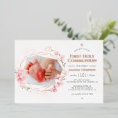 Blush & Roos Goud Geometrische Bloemen Heilige Com Folie Uitnodiging (Staand Voorkant)