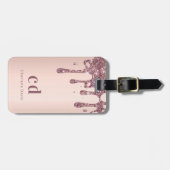 Blush roos goud glitter druppelt monogram naam bagagelabel (Voorkant horizontaal)
