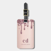 Blush roos goud glitter druppelt monogram naam bagagelabel (Voorkant verticaal)
