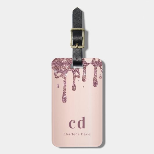 Blush roos goud glitter druppelt monogram naam bagagelabel (Voorkant verticaal)