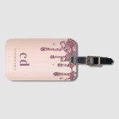 Blush roos goud glitter druppelt monogram naam bagagelabel (Voorkant (horizontaal))