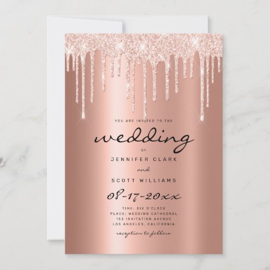 Blush roos goud glitter druppelt script glam bruil kaart (Voorkant)