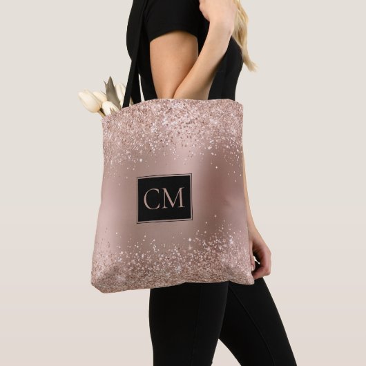Blush Roos Goud Glitter Metallic Monogram Tote Bag (Dichtbij)