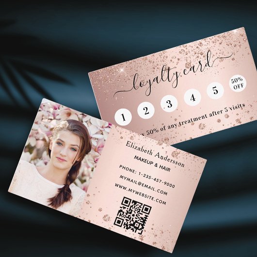 Blush roos goud glitter qr code foto business klantenkaartje